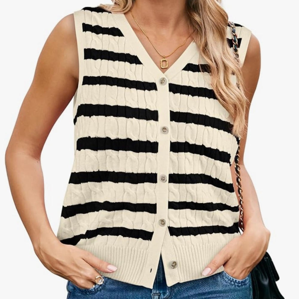 Striped Cable Knit Button-Up Sweater Vest Women’s Size Small
